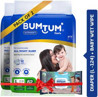 BUMTUM Large Baby Diaper Pants (12 to 17 Kg) 124Pcs + Chota Bheem Wipes-72 Super Combo