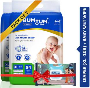 BUMTUM X-Large Baby Diaper Pants (12 to 17 Kg)108Pcs + Chota Bheem Wipes-72 Super Combo
