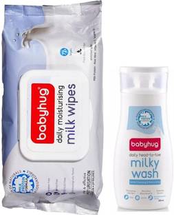 babyhug Daily Moisturizing Milky Wipes (72Pcs) & Baby Milky Wash (200ml) - Set of 2