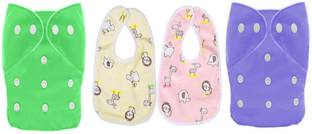 TINNY TOTS Baby 2 Reusable Adjustable Washable Cloth Diapers With 2 Baby Cotton Bibs Combo