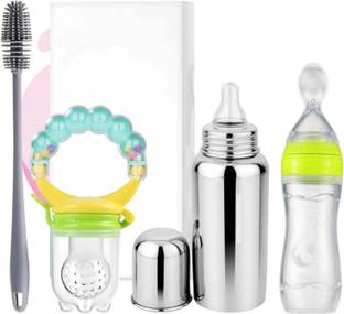 Millionminds 250ML Baby Milk Bottle, Squeezy Food Feeder Spoon 90ml, Cleaning Brush, Teether