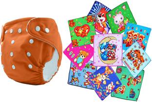 TINNY TOTS 10 Printed Baby Cotton Face Hand Towels & 1 Reusable Cloth Diaper Infant Combo