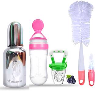Goodmunchkins SS Feeding Bottle-150ml/Silicone Spoon Feeder/Fruit Feeder/Silicone Brush