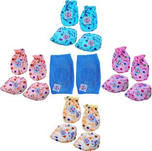 V.B.K Baby Mittens Booties (4 Pair) and Anti Slip Knee Pad(1 Pair),Hosiery,0 - 6 Month