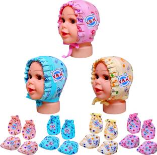 V.B.K Baby Mittens Booties and Cap / Hat Set, 0 to 6 Months, Hosiery Soft Fabric