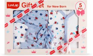 LuvLap Newborn Baby Gift Set of 5 Items, Clothes Set 0-3 Months, Boat Hat Print