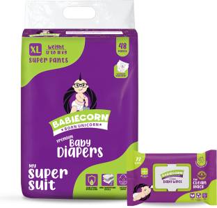 BABIECORN Diaper Wiper Combo Baby Diapers (Size XL)with Wetness Indicator+Free Baby Wipes