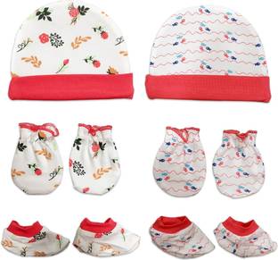LuvLap 100% Cotton Baby Caps, Mittens and Booties Combo Set for 0-6 Months -Pack of 2