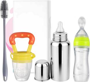 HOUSE OF COMMON Baby Milk Steel Bottle With Cleaner 250 ML, Feeding Spoon 90 ML & Fruit Feeder
