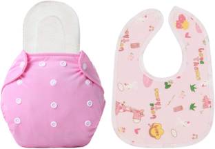 TINNY TOTS Premium Quality 1 Baby Reusable Cloth Diaper Nappy Reusable Washable With 1 Microfiber Bamboo Inserts(5 Layers) & 1 Baby Feeding Bib Apron (0-12 Months)