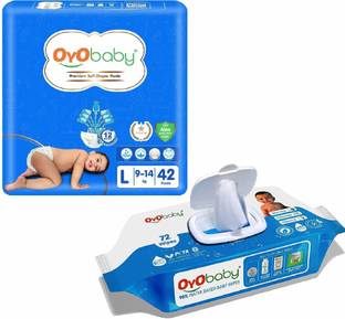 Oyo Baby Gentle Diaper & Wet Wipes Combo 72 Wipes, Aloe Vera, Large Size Diapers 42 Count