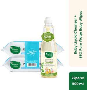 Mother Sparsh Natural Baby Liquid Cleanser 500ml+99% Pure Water Baby Wipes,72 pc/Pack(Packof2)