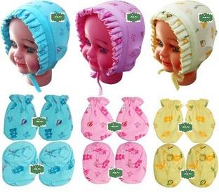 VINI VIDI New Born Baby Mittens Booties Set, Pack Of 3 and Baby cap set Pack Of 3