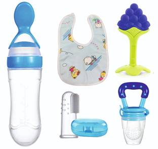 Roforuf Spoon Bottle,Silicone teether,Fruit Nibbler,Finger Brush & Baby bib pack of 5