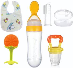 Roforuf Spoon Bottle,Silicone teether,Fruit Nibbler,Finger Brush & Baby bib pack of 5