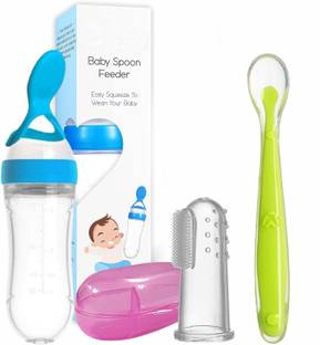 DECRONICS Baby Spoon Feeder 90ml, Finger Toothbrush and Silicone Spoon, Set of 3