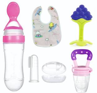Roforuf Spoon Bottle,Silicone teether,Fruit Nibbler,Finger Brush & Baby bib pack of 5