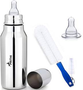 Prithi Home's and Kitchen Premium 250ml Stainless Steel Feeding Bottle with Brush and Extra LSR Teat