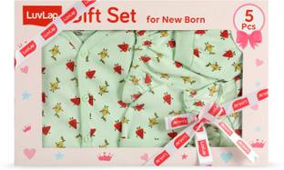 LuvLap Newborn Baby Gift Set of 5 Items, Clothes Set 0-3 Months, Fruits Print,
