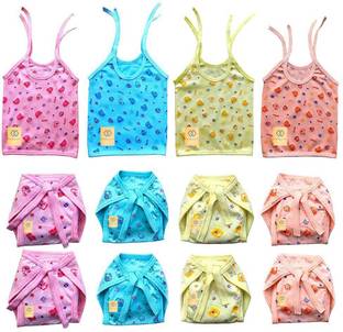 FabSquare Baby jhabla 4Pcs + Nappy 8Pcs, Hosiery Soft Cloth Material, 0-6 Months