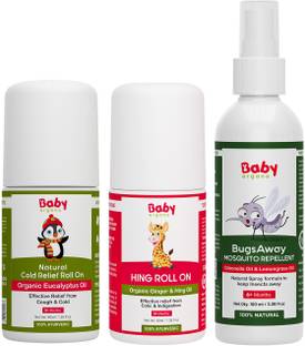 BabyOrgano Baby Care Tummy Hing Roll-On, Mosquito Repellent Spray, and Cold Relief Roll-On