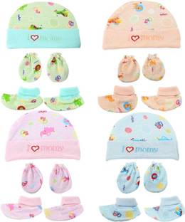 Diptchy Enterprises BABY CAPS, MITTENS AND BOOTIES COMBO SET FOR 0 TO 6 MONTHS-PACK OF 4