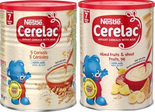 Cerelac Baby Cereal Combo: 5 Cereals and Mixed Fruits & Wheat (2x400g), European Made Cereal