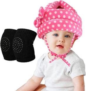 DECRONICS Baby Knee Pads for Crawling 1 Pair, Anti-Slip Stretchable & Safety Helmet 6 Black, Pink Baby Knee Pads