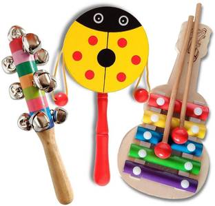 Little Mind Wooden Rattle 10 Bell, Plate Rattle & 5 Note Xylophone Rattle Set For Kids Rattle