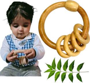 Shreeja Shilpcraft Neem Wood Rattle Cum Teether 100% Natural Wood with Antibacterial & AntiFungal Rattle