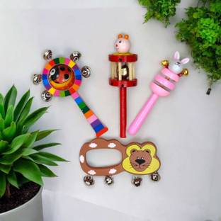 kidzoie Baby Wooden Rattle Combo Set of 4| Montessori Newborn Gift for 0-12 Months Rattle