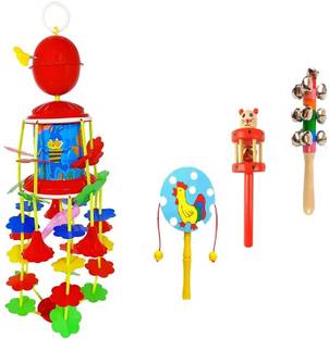 Little Mind Jhoomer Merry Go Round Hanging Toy for New Born Baby with Wooden 3 Pcs Combo Rattle