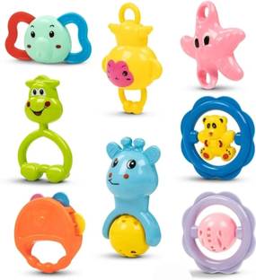 Mira Farmcraft Pack of 7 Rattle Set with Teathers for New Born Babies Toy BPA Free Non-Toxic Rattle