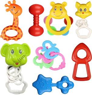 GODEX Pack of 8 Rattles Set with Teathers for New Born Babies Toy Non-Toxic BPA Free Rattle