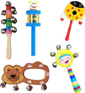 Little Mind Simple Day Wooden Rattle Set For Born Baby Sound Making Toys Pack Of 5 Rattle
