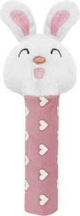 SnugglePuff Bunny Rattle Soft Toy for Babies with Squeeze Handle for Squeaky Sound Rattle