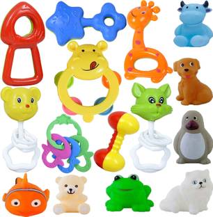 Learn With Fun 15 Pcs Set of Rattles and Animal Shape Toys Rattle Rattle