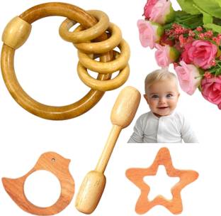 Shreeja Shilpcraft Natural Neem Wood Ring Inside Ring Rattle with 3 other teething toys shape Rattle