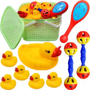 BABRO Animals Rubber Floating Chu-Chu Newborn Baby Toy Set for Kids with Bucket Bath Toy