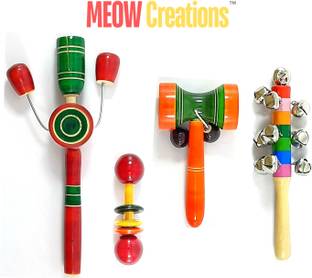 MEOW Creations Wooden Tublar, Dumble, Damru, and Ten Bell (Set of 4) Rattle