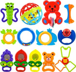 WISHKEY Colorful Non Toxic BPA Free 11 and 2 Teethers Toys Set for Babies Rattle