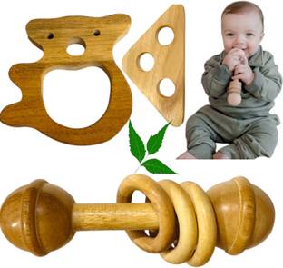 Shreeja Shilpcraft Neem Wood Teether Set & Natural Rattle Duo Rattle