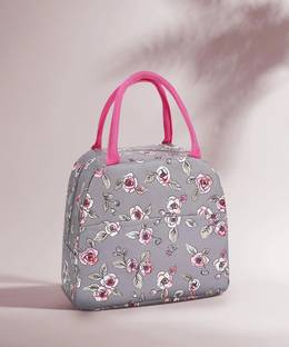 Rhydin Rose Flower Grey Print Insulated Lunch Bags Small for Student Kids to School Waterproof Lunch Bag
