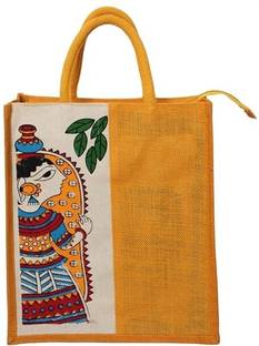 Jamscart Handcrafted Jute Bag with Madhubani Art Print – Eco-Friendly Tote Multipurpose Bag