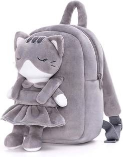 Frantic Premium Quality Soft Fabric Kids Velvet School Bag (FullBodyGreyCat) Plush Bag