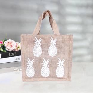 KUBER INDUSTRIES Jute 'Pineapple' Lunch Bag with Handle for office|Small|Brown Lunch Bag