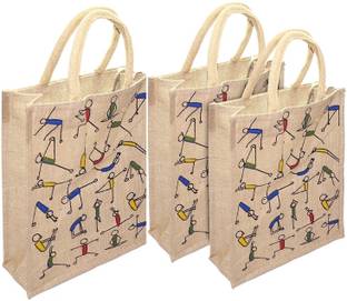 Asbah YOGA PRINT JUTE SHOPING HAND BAG PACK 3 Multipurpose Bag