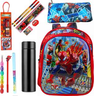 Prezzie Villa 11pcs Spiderman Bag Combo of Pouch, Pencil, Pen, Eraser, Ruler Sharpener, Bottle Waterproof Backpack