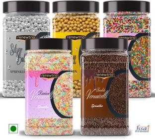 RENEWTRIA Combo Sprinkle Pack | Silver, Golden, Rainbow Balls + Vermicelli Toppings Sprinkles