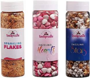 TastyCrafts Cake Decoration Items Edible Combo kit - Sparkling Flakes, Dazzling Hearts and Star | Cake Sprinkles Set | Glittering Shiner Effect | Cake Edible Decorating Items Combo Pack - 3 Pcs Topping